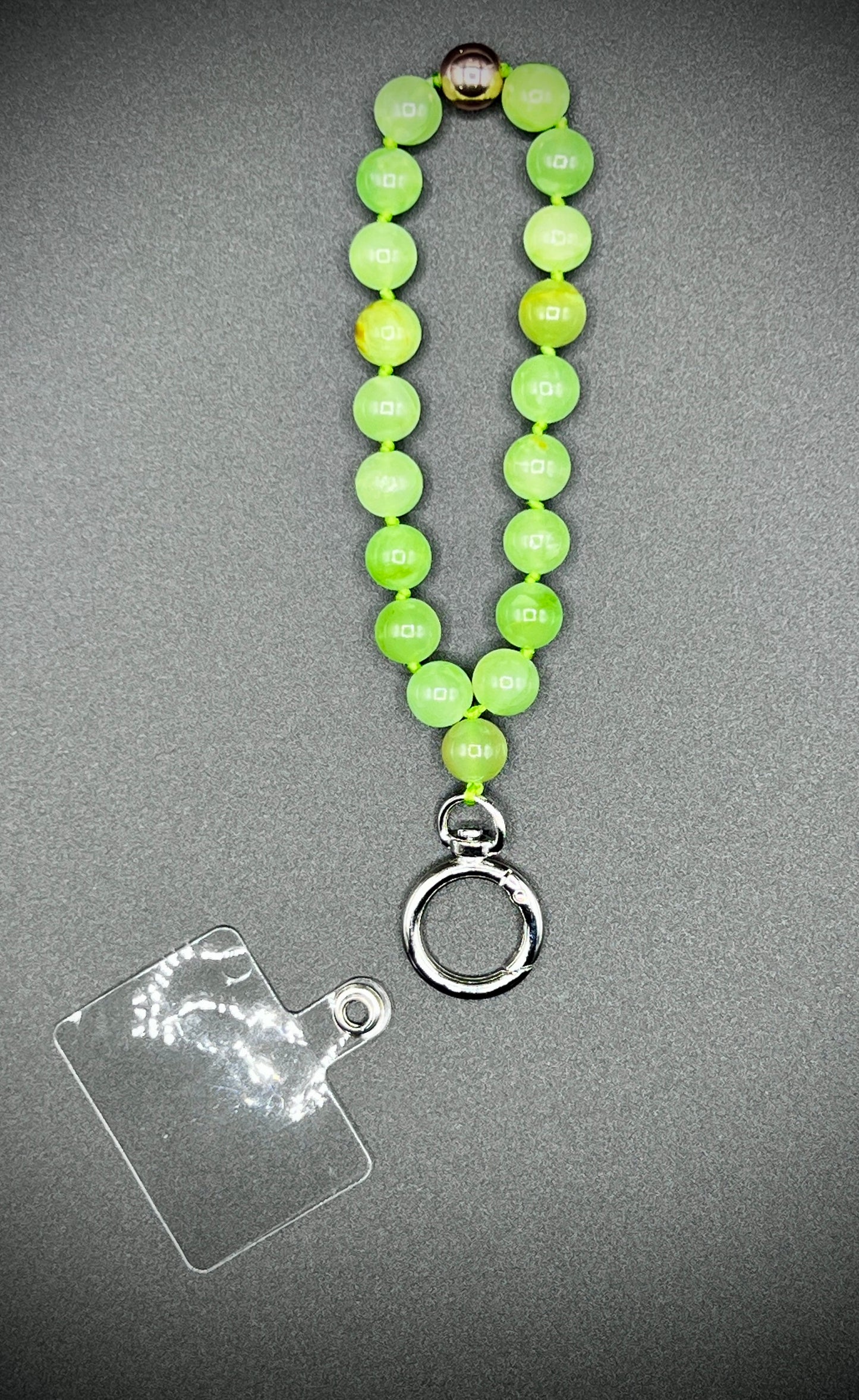 Mobile phone chain, short key ring semi-precious stone ¨green chalcedony¨