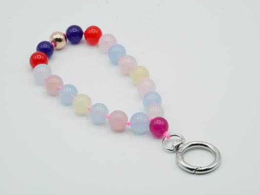 Mobile phone chain, short key ring, semi-precious stone, multicolored chalcedony